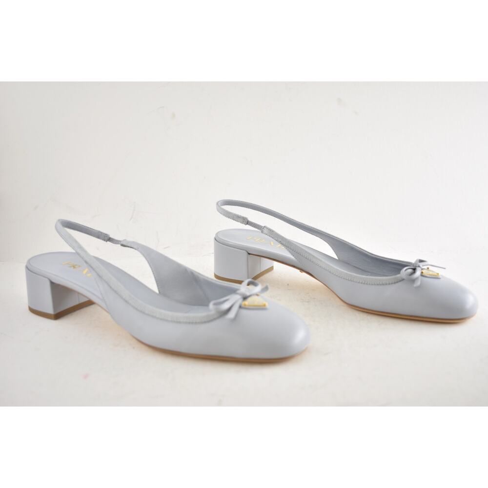 Prada Grey Blue Triangle Logo Bow Ballerina Mule Block Heel Slingback Pump 39.5 - Picture 3 of 15